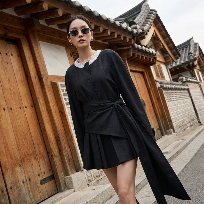 Veste cintrée femme grise avec détails contrastés et ruban - Koreanxwear