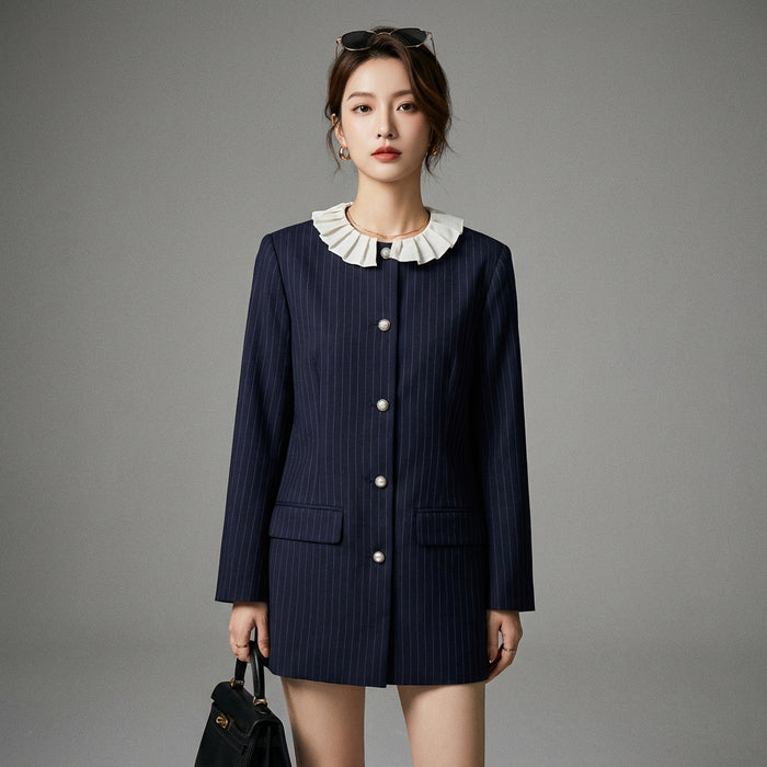 Veste femme col poupée bleu tibétain à rayures - Mode Coréenne - Taille S