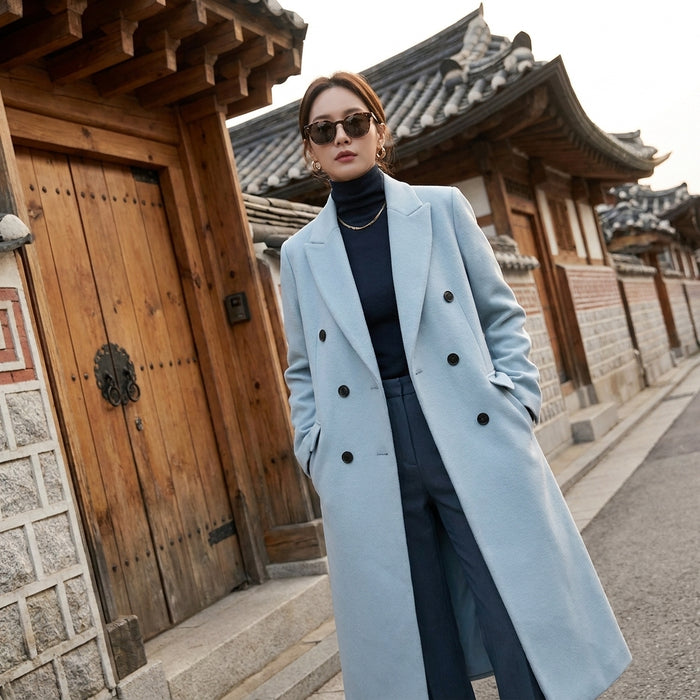 Manteau long en laine élégant pour femme, double boutonnage, style Old Money. Idéal hiver.