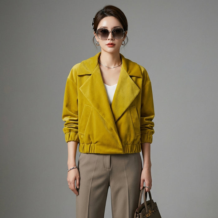 Veste courte plissée jaune pour femme, style K-fashion décontracté et élégant. Koreanxwear. - Taille S