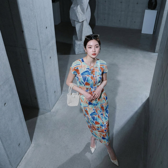 Robe plissée imprimée color block manches courtes - Koreanxwear