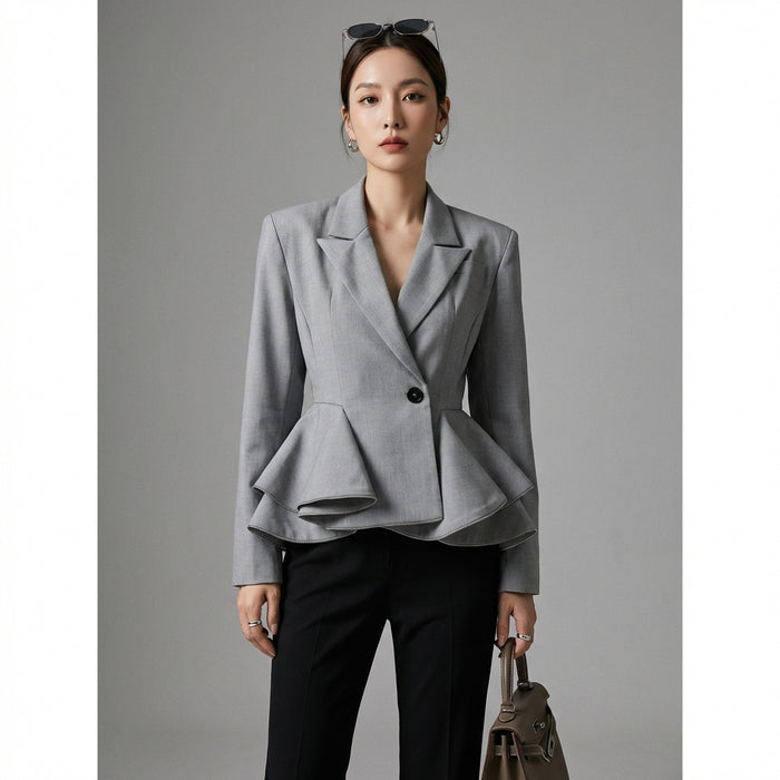 Blazer gris élégant avec volants pour femme - K-fashion - Taille S