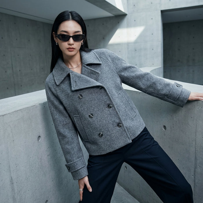 Manteau court en laine gris à double boutonnage, style K-fashion femme