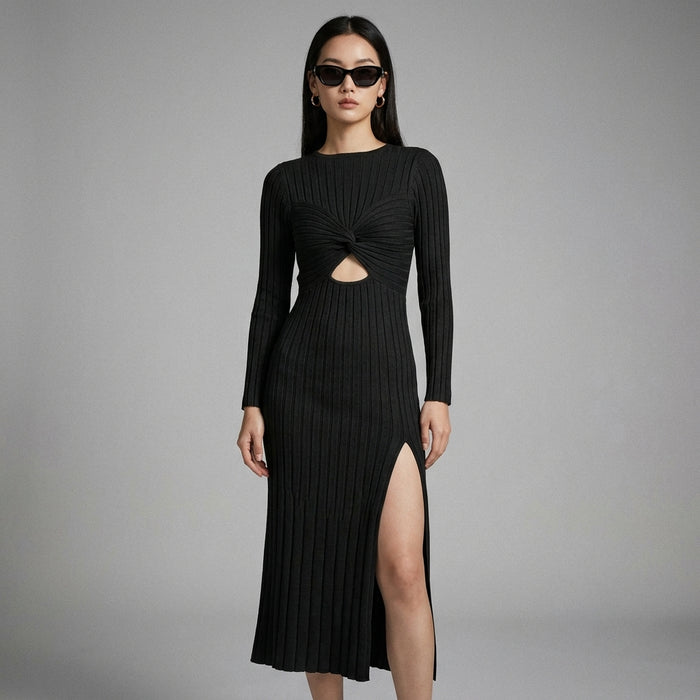 Robe longue en maille fendue, élégante pour femme - Koreanxwear - Taille S