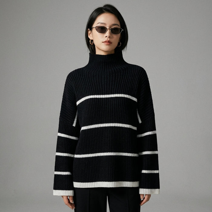 Pull rayé noir et blanc col roulé pour femme - Koreanxwear - Taille S