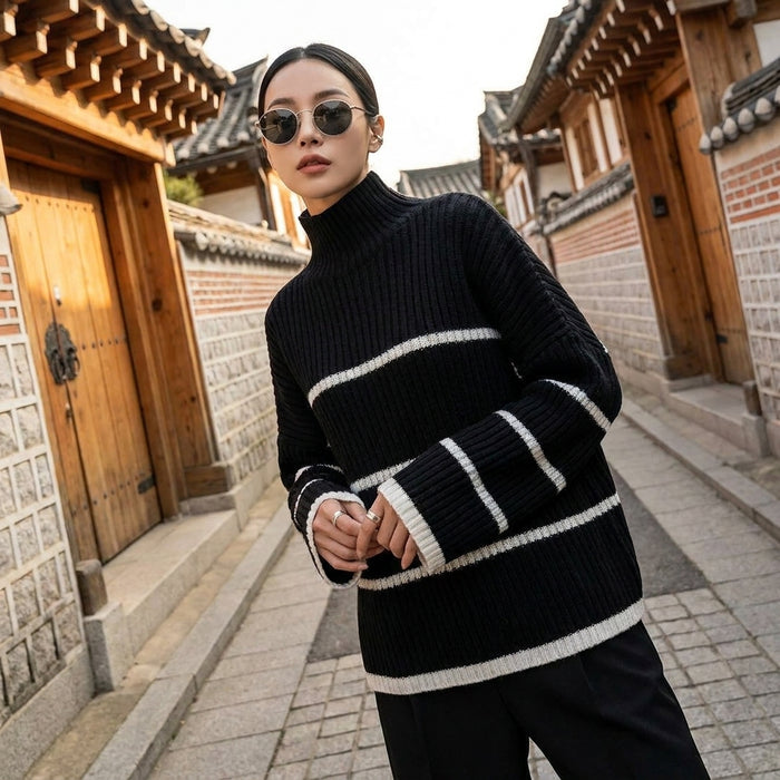 Pull rayé noir et blanc col roulé pour femme - Koreanxwear