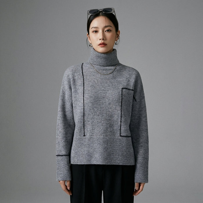 Pull col roulé gris élégant pour femme - Koreanxwear - Taille S
