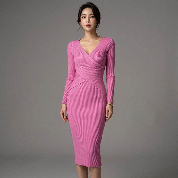 Robe tricotée élégante col V ajustée - Mode Coréenne Koreanxwear - Taille one size