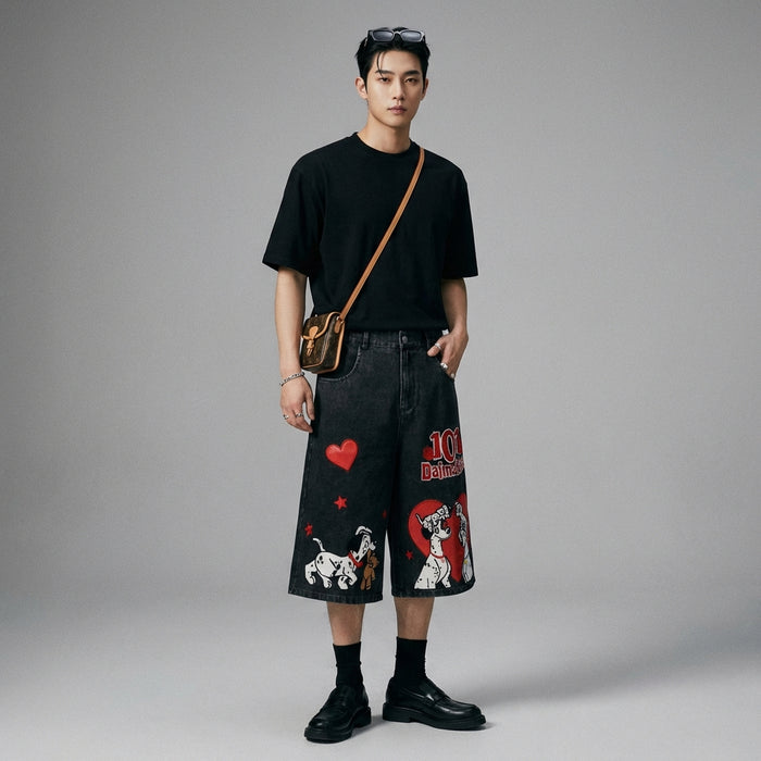 Pantalon cropped denim noir brodé pour homme - Koreanxwear - Taille M