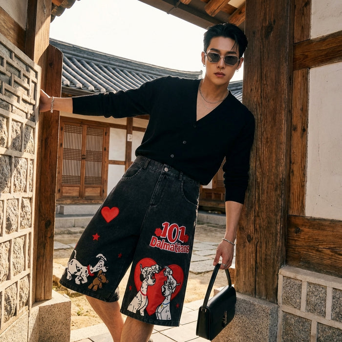 Pantalon cropped denim noir brodé pour homme - Koreanxwear