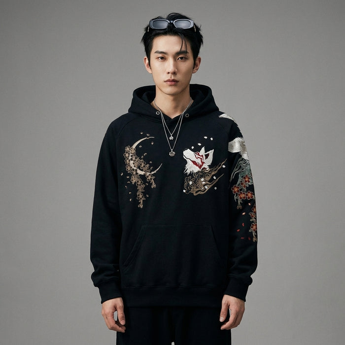 Hoodie brodé renard noir - K-fashion streetwear - Taille M