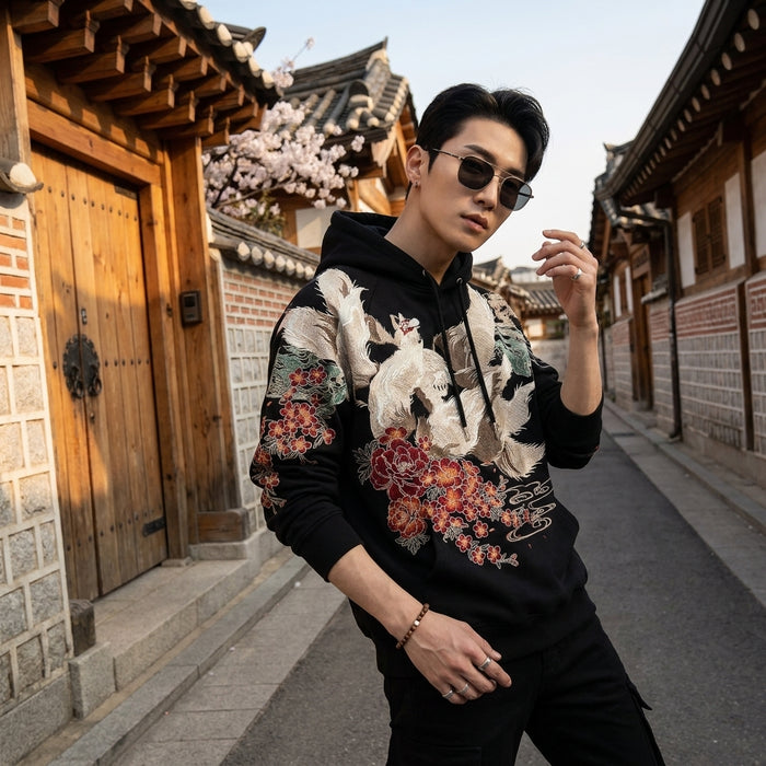 Hoodie brodé renard noir - K-fashion streetwear