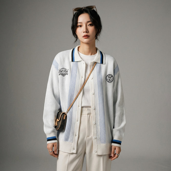 Cardigan en maille brodée blanc, style K-fashion décontracté. Confortable et tendance pour femme. - Taille S