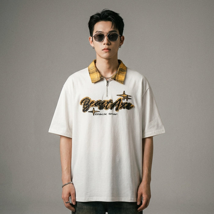 T-shirt Polo oversize unisexe brodé blocs de couleurs - Koreanxwear - Taille M