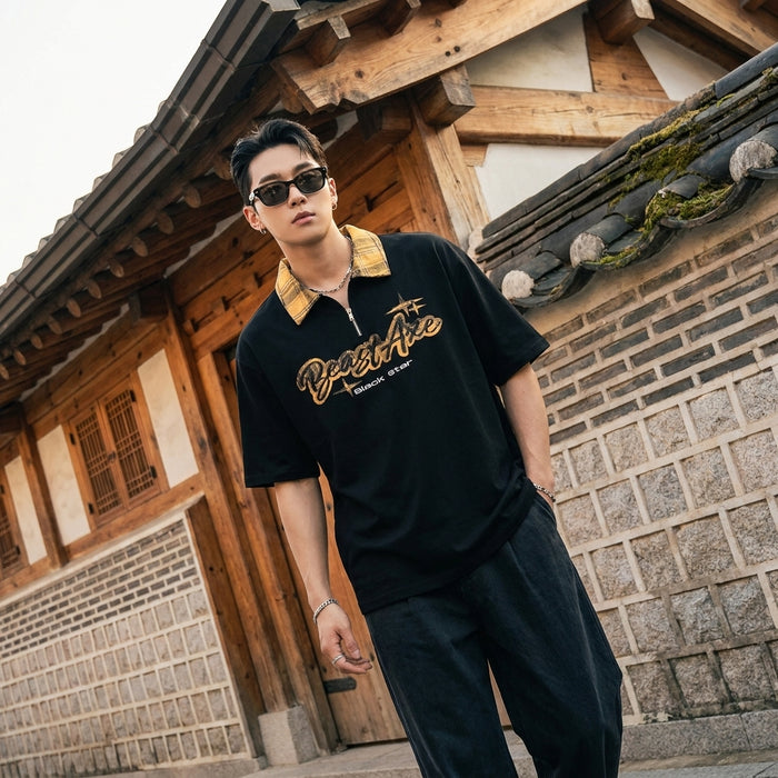 T-shirt Polo oversize unisexe brodé blocs de couleurs - Koreanxwear