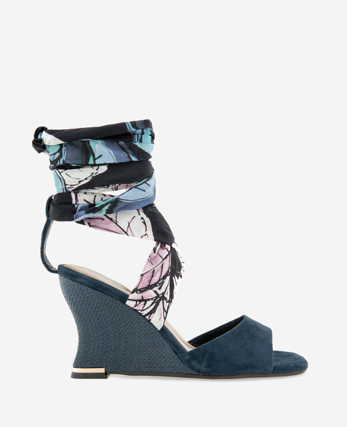 Fabia Printed Fabric Wrap Around Suede & Raffia Wedge