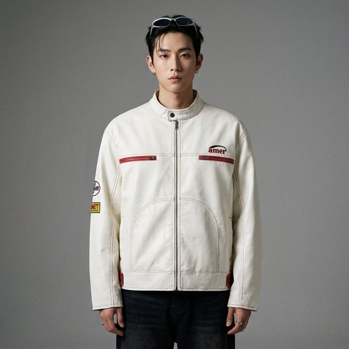 Veste moto effet cuir homme - Style streetwear coréen noir et blanc - Taille M