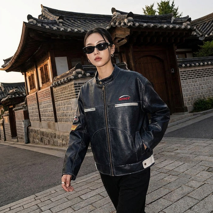 Veste moto effet cuir homme - Style streetwear coréen noir et blanc