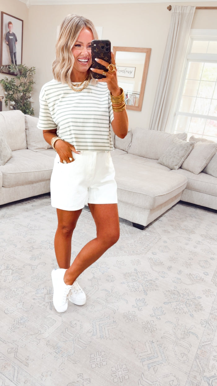 - FINAL SALE -The Essential Cropped Stripe Tee-Sage Green