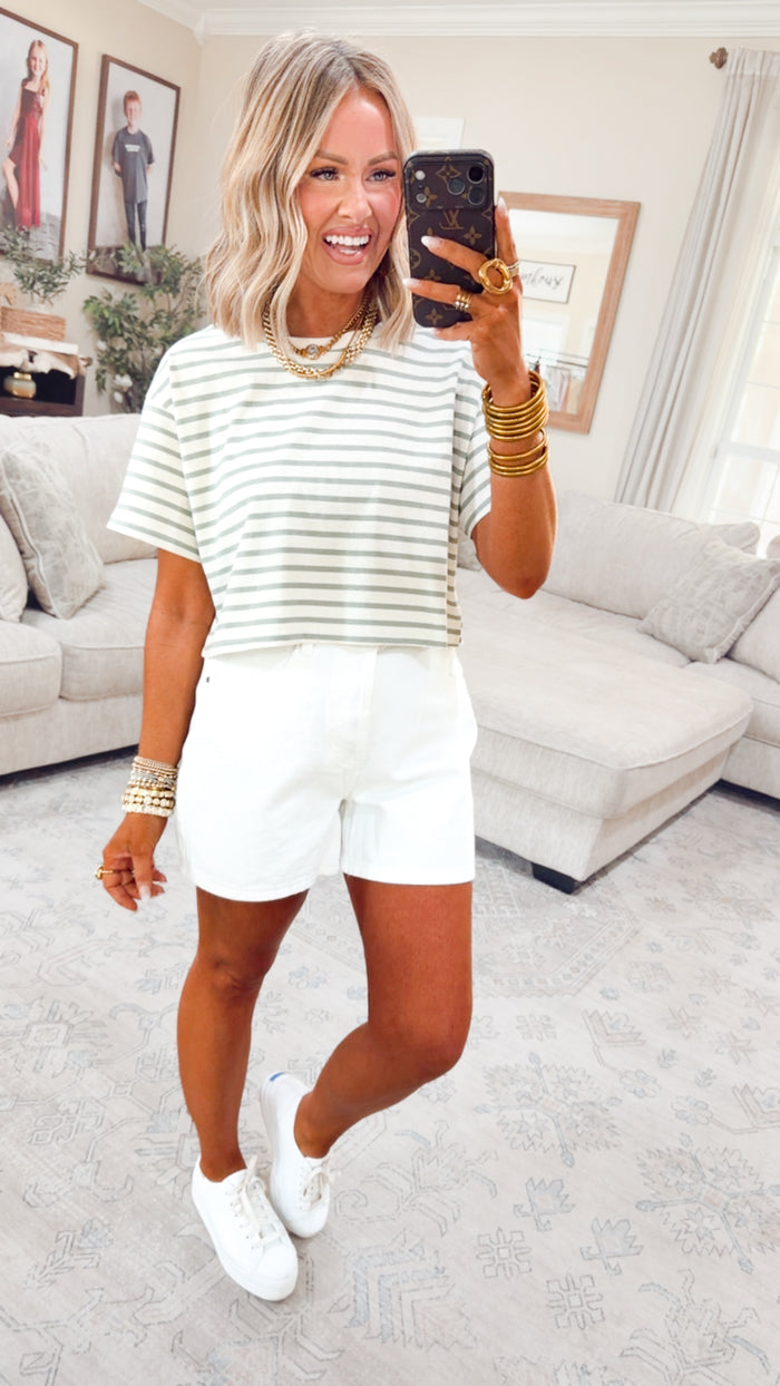 - FINAL SALE -The Essential Cropped Stripe Tee-Sage Green