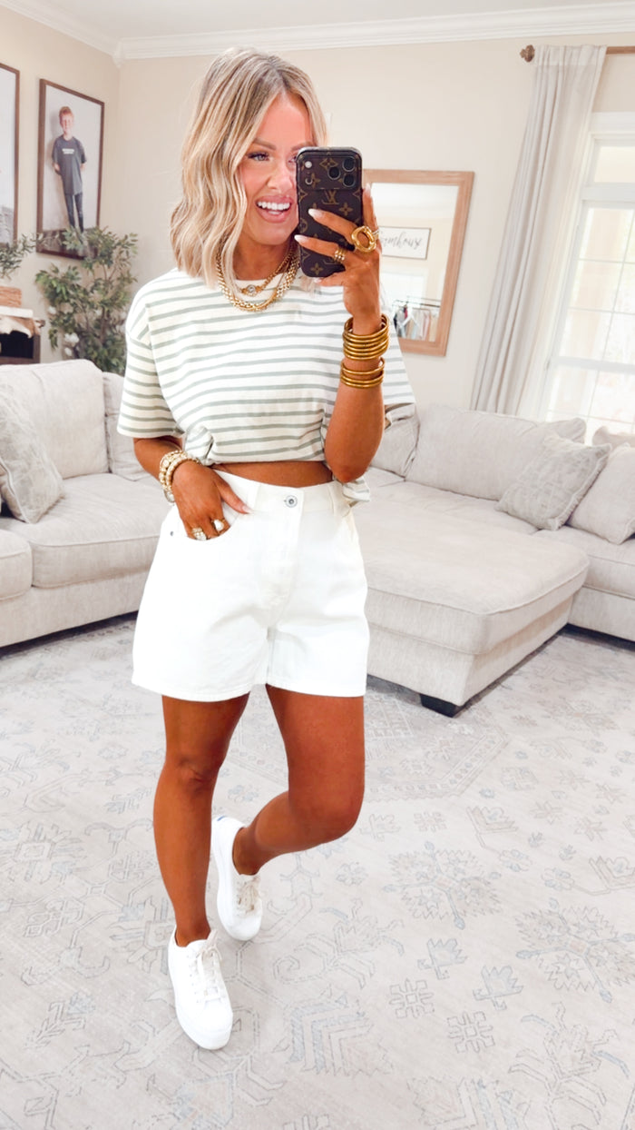 - FINAL SALE -The Essential Cropped Stripe Tee-Sage Green