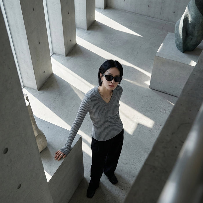 Pull col rond ajusté manches longues noir - Koreanxwear