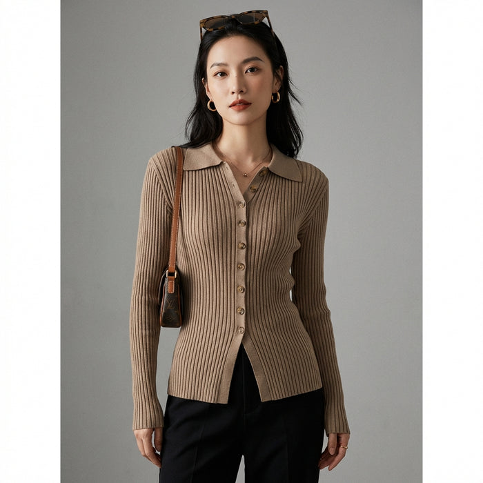 Cardigan tricoté col V marron, mode coréenne élégante - Koreanxwear - Taille S