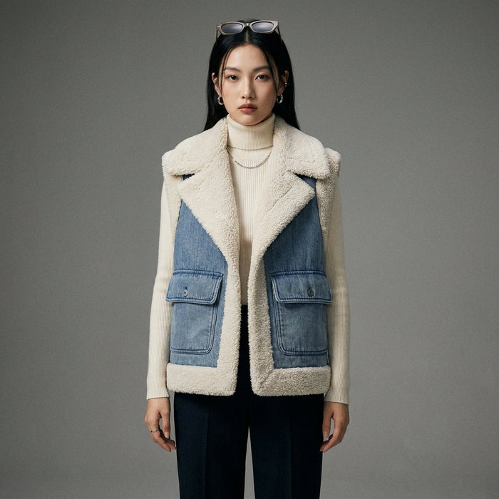 Gilet en jean doublé polaire femme, col rabattu, grandes poches, mode coréenne hiver. - Taille Xs
