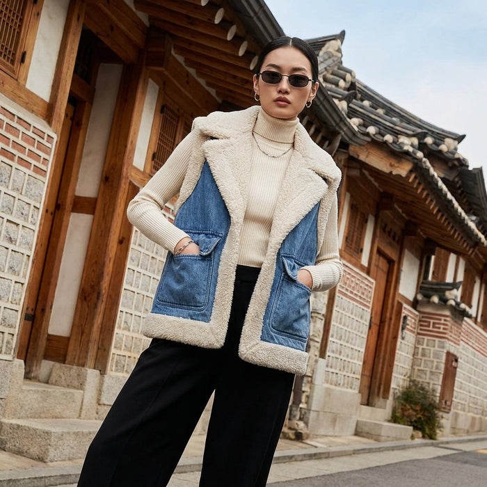 Gilet en jean doublé polaire femme, col rabattu, grandes poches, mode coréenne hiver.