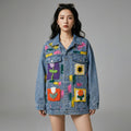 Veste denim oversize femme avec imprimés floraux et abstraits - K-fashion - Taille One Size
