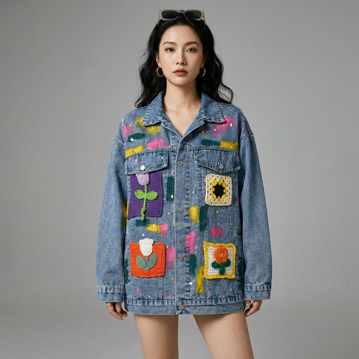 Veste denim oversize femme avec imprimés floraux et abstraits - K-fashion - Taille One Size