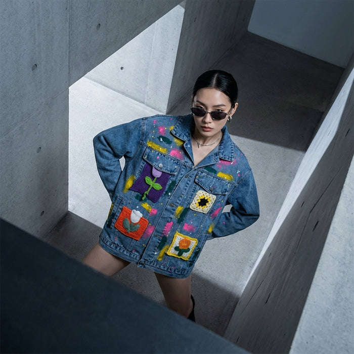 Veste denim oversize femme avec imprimés floraux et abstraits - K-fashion
