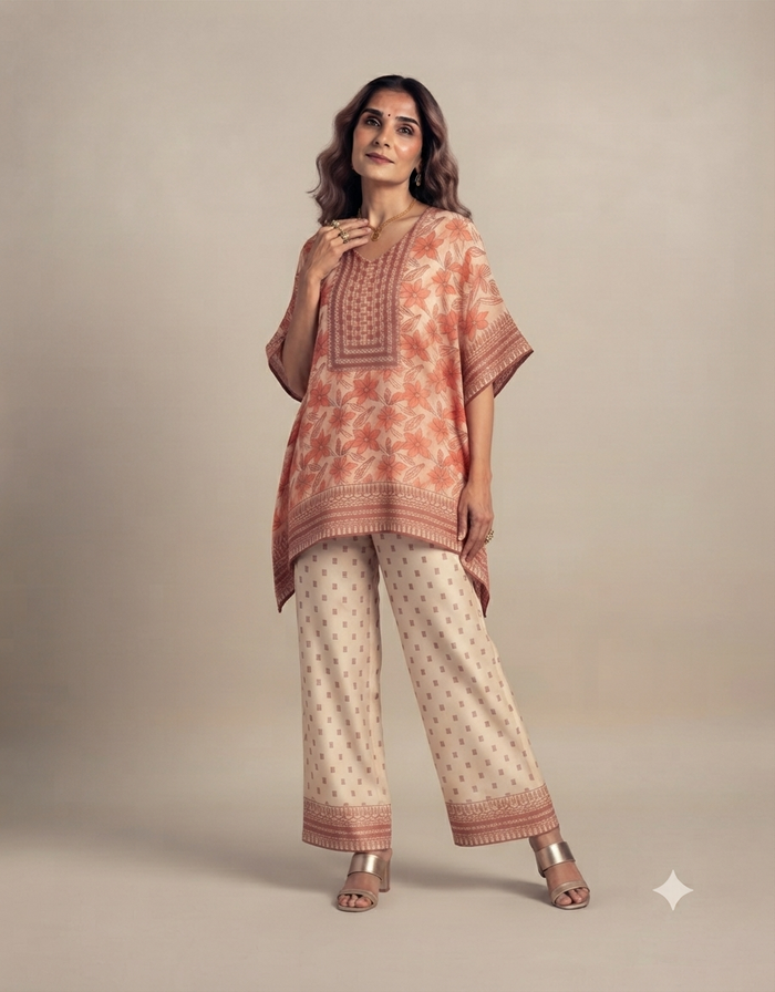 A full-length portrait of a female model against a plain muted beige background, wearing a coral and peach floral-patterned kaftan-style top paired with matching patterned wide-leg trousers, gold heels, a gold necklace, and holding a small gold clutch.