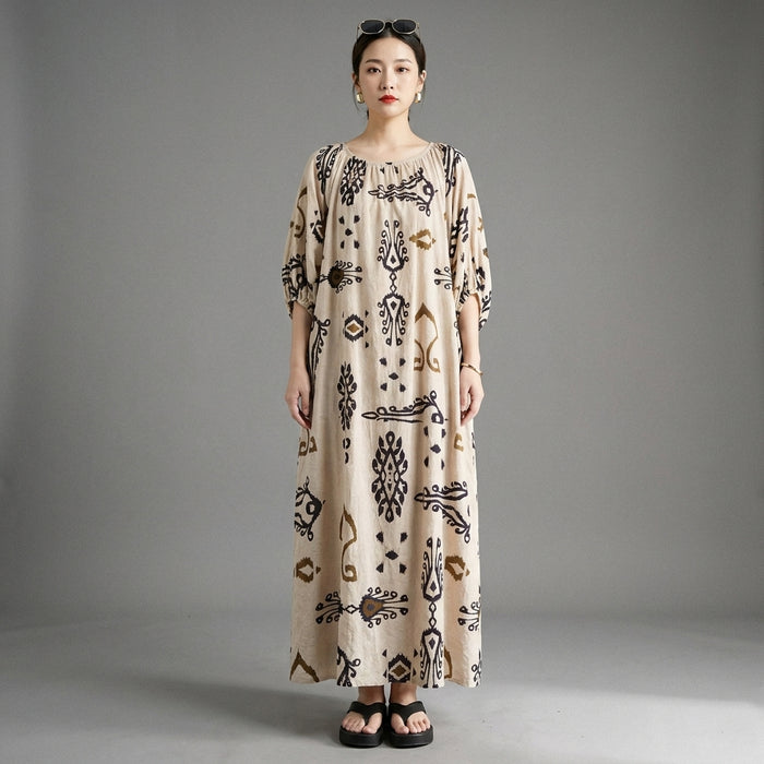 Robe longue imprimée fluide en coton et chanvre - Mode Coréenne - Taille One size