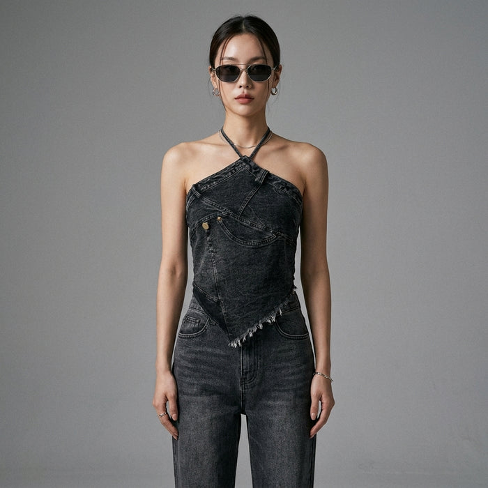 Top bustier en denim effiloché avec col licou - Mode K-fashion - Taille One Size