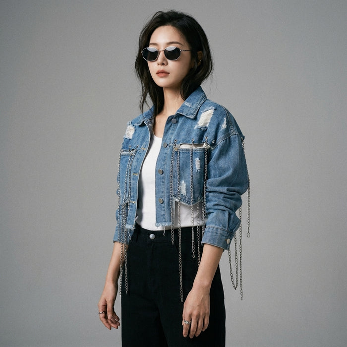 Veste denim femme avec franges - Mode streetwear coréenne - Taille M