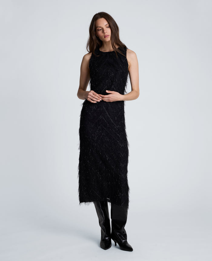 Fringed Organza Midi Sheath Dress