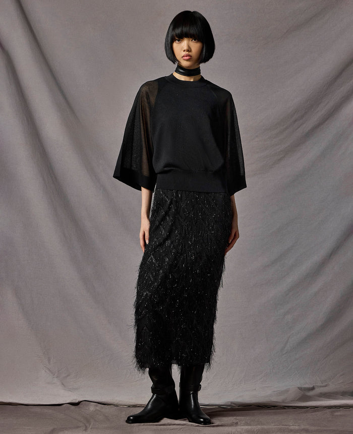 Fringed Organza Midi Sheath Dress