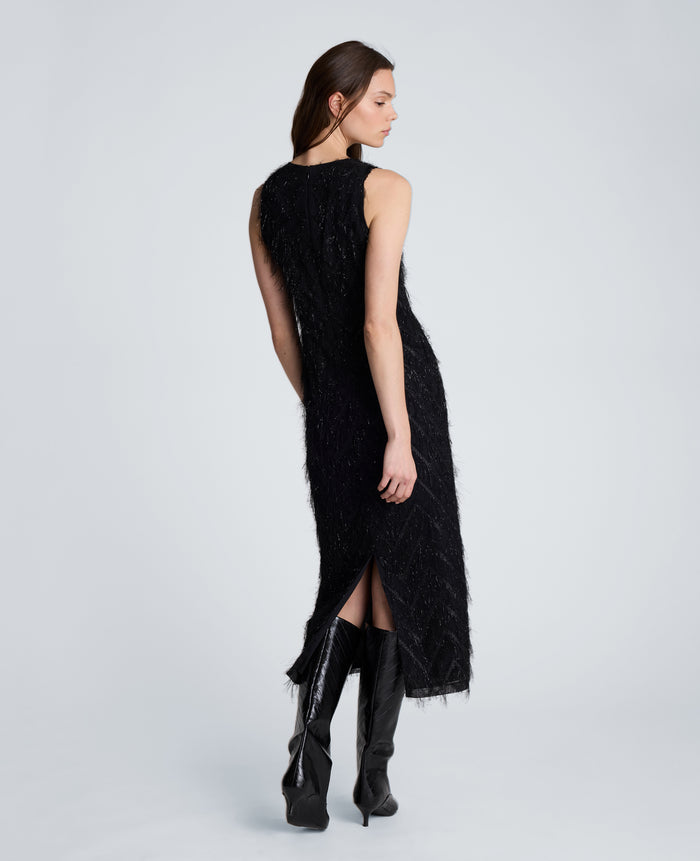 Fringed Organza Midi Sheath Dress