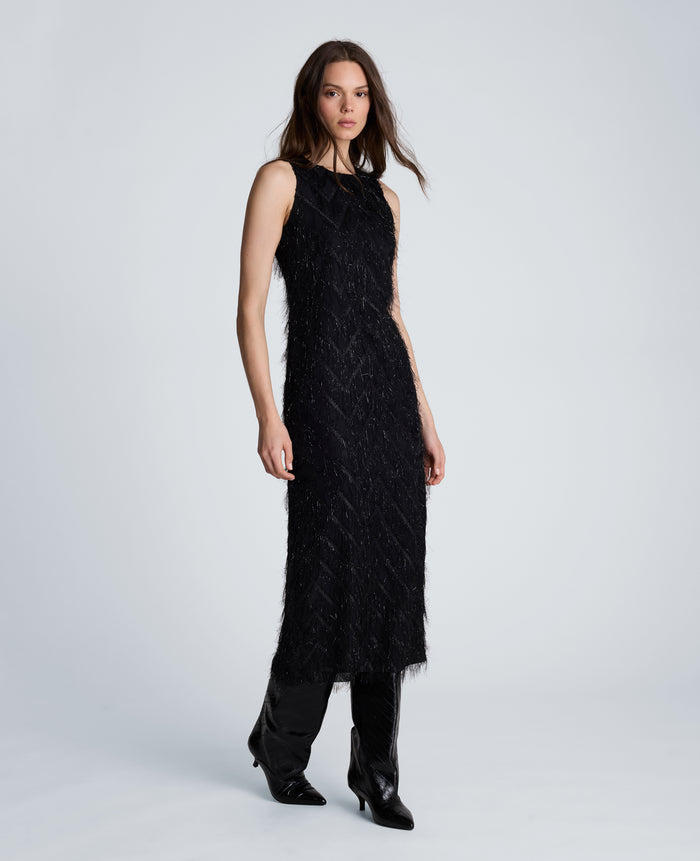 Fringed Organza Midi Sheath Dress