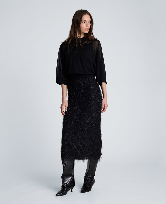 Fringed Organza Midi Sheath Dress