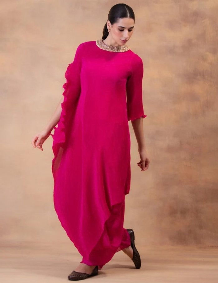 Fuchsia Flow Drape Tunic With Dhoti Pants