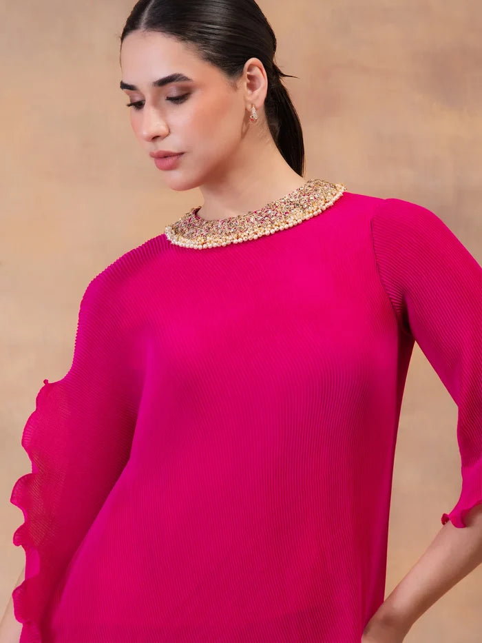 Fuchsia Flow Drape Tunic With Dhoti Pants