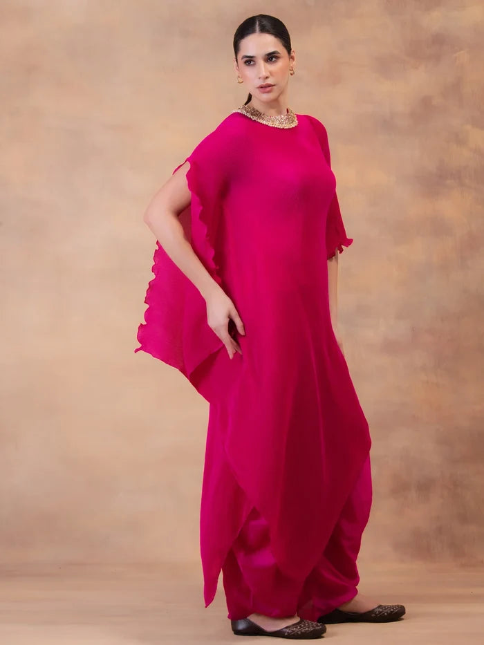 Fuchsia Flow Drape Tunic With Dhoti Pants
