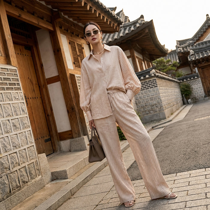 Ensemble satin imprimé géométrique femme - Blouse ample et pantalon large K-fashion