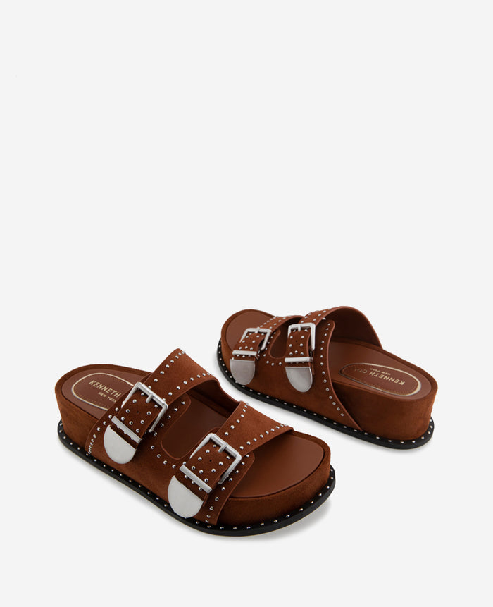 Gradie Double Buckle Studded Suede Platform Slide Sandal