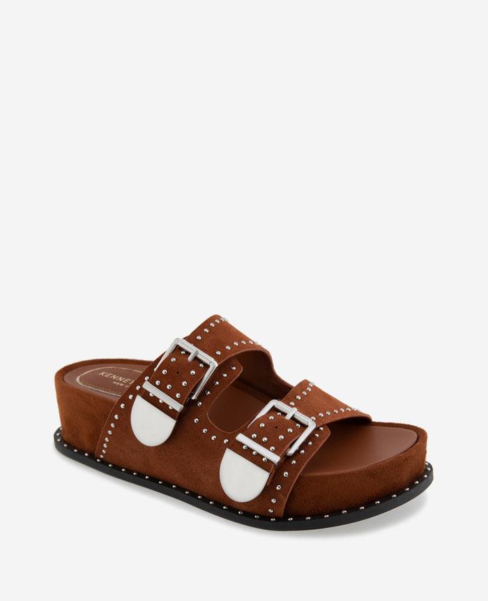 Gradie Double Buckle Studded Suede Platform Slide Sandal