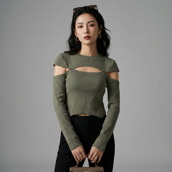 Pull tricoté vert découpé ample col rond - Koreanxwear - Taille S