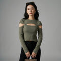 Pull tricoté vert découpé ample col rond - Koreanxwear - Taille S