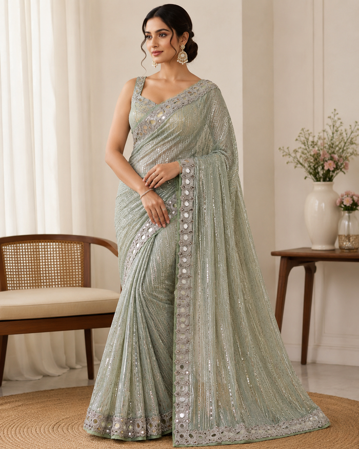 Green Georgette Mirror Work Saree
